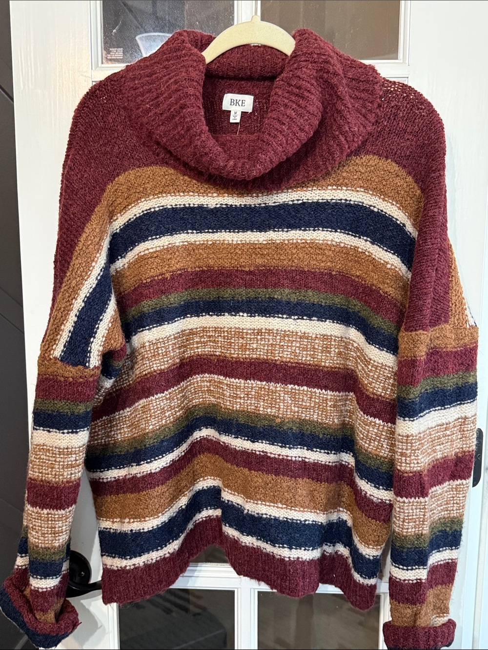 BKE Oversized Fuzzy Burgundy Stripe Cowlneck Sweater Med NWT GRANOLA GOBLINCORE